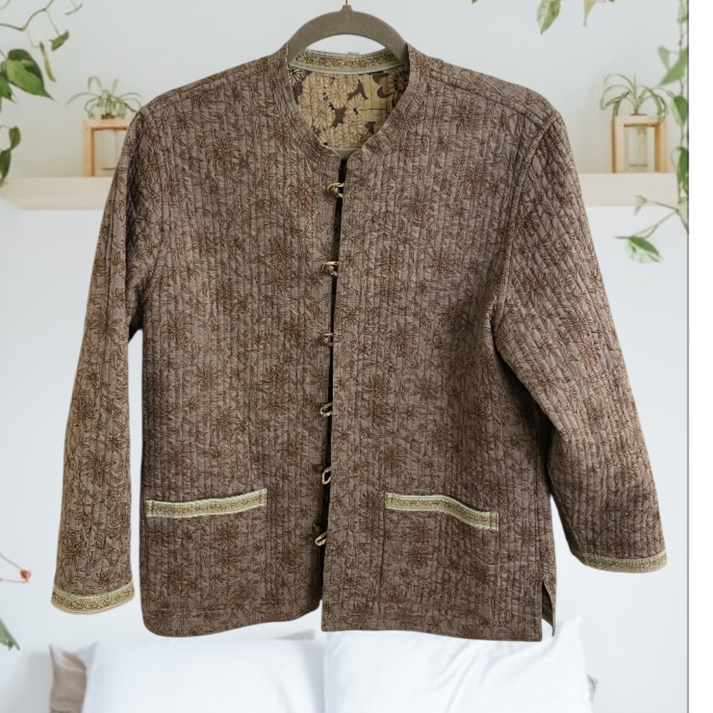 Boho Quilted Reversible Jacket Button Closure Poc… - image 1